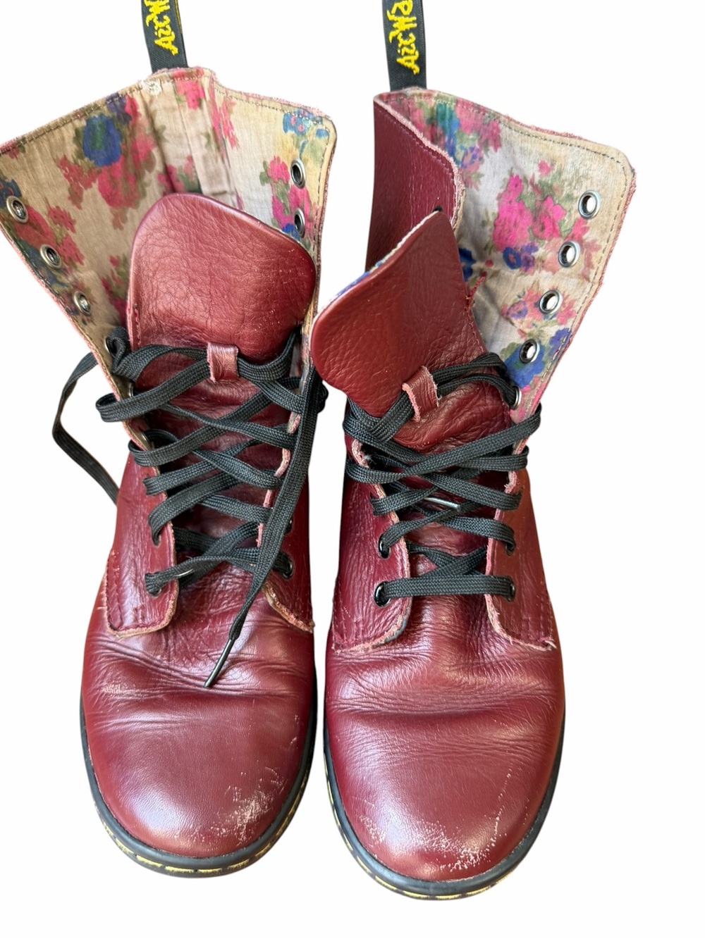 Dr. Martens Burgundy Leather Floral Lined Lace-Up Boots Vintage Style Size US 7L - Picture 2 of 9
